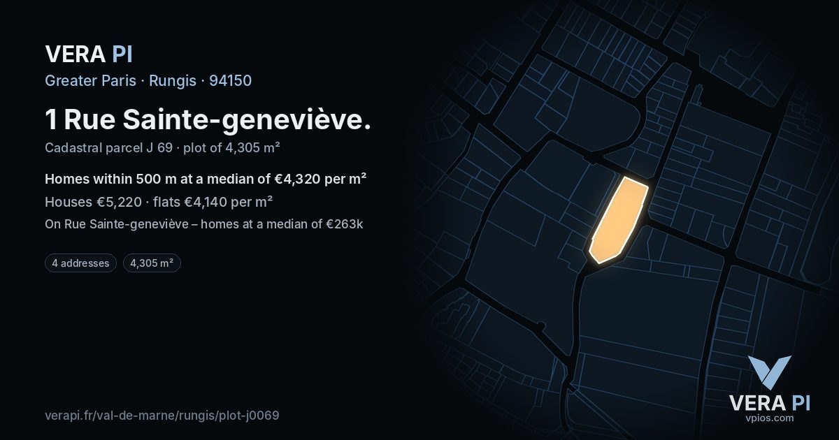 1 Rue Sainte-geneviève, Rungis at night – the plot lit, the parcels around coloured by the prices near them