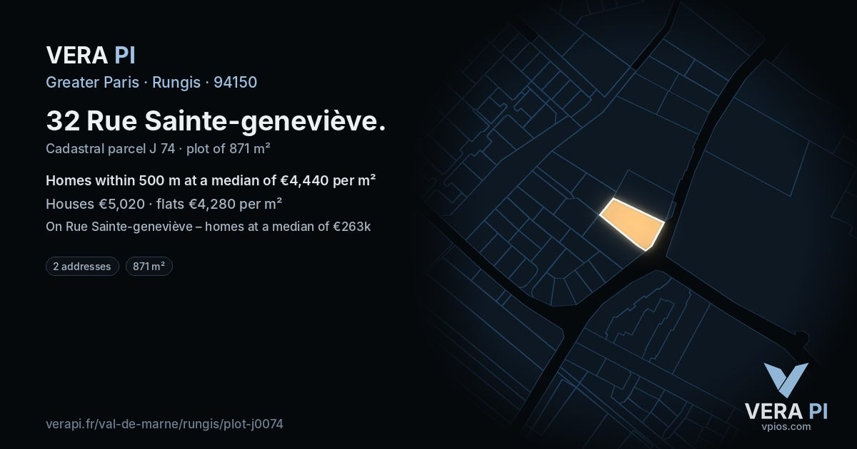 32 Rue Sainte-geneviève, Rungis at night – the plot lit, the parcels around coloured by the prices near them