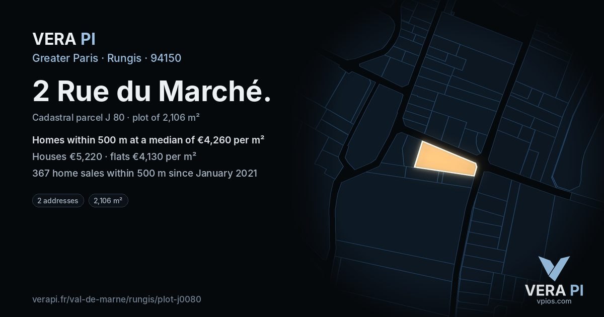 2 Rue du Marché, Rungis at night – the plot lit, the parcels around coloured by the prices near them