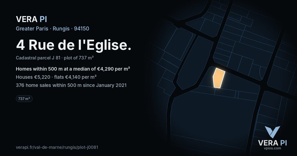 4 Rue de l'Eglise, Rungis at night – the plot lit, the parcels around coloured by the prices near them