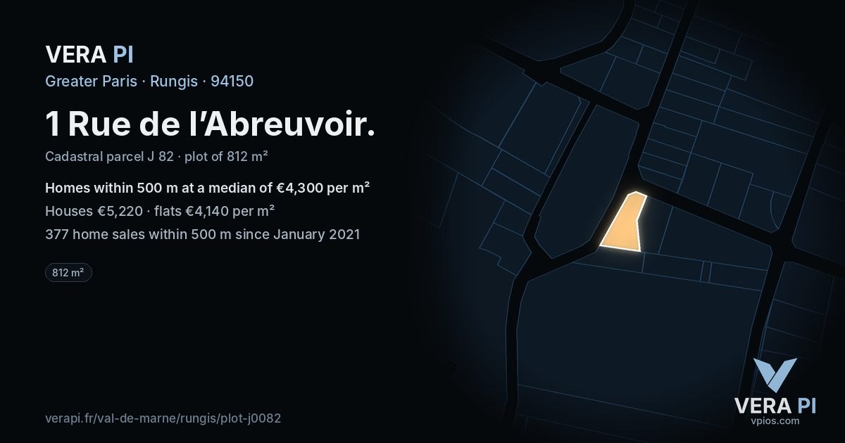 1 Rue de l’Abreuvoir, Rungis at night – the plot lit, the parcels around coloured by the prices near them