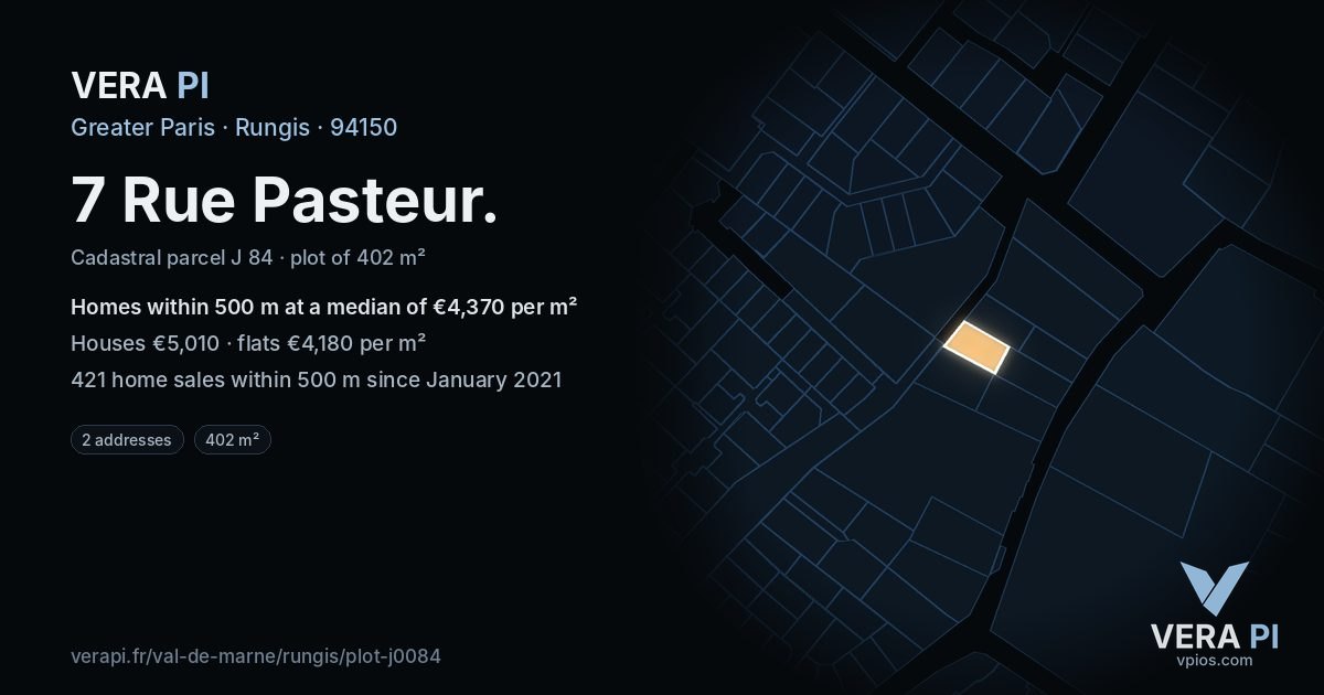 7 Rue Pasteur, Rungis at night – the plot lit, the parcels around coloured by the prices near them