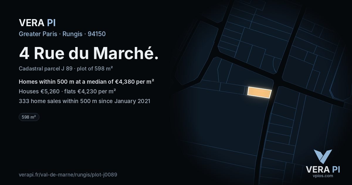 4 Rue du Marché, Rungis at night – the plot lit, the parcels around coloured by the prices near them
