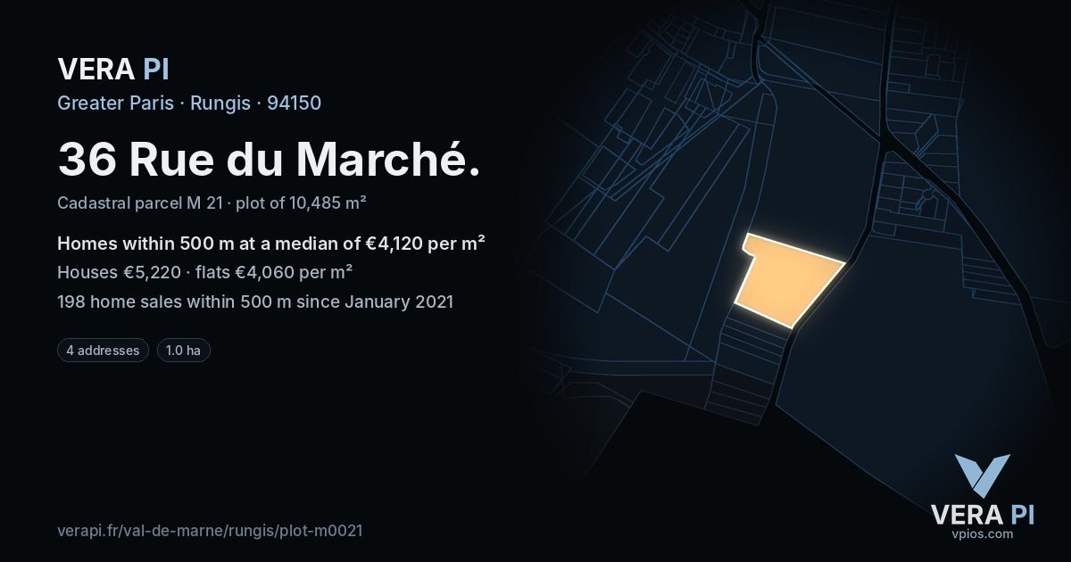 36 Rue du Marché, Rungis at night – the plot lit, the parcels around coloured by the prices near them