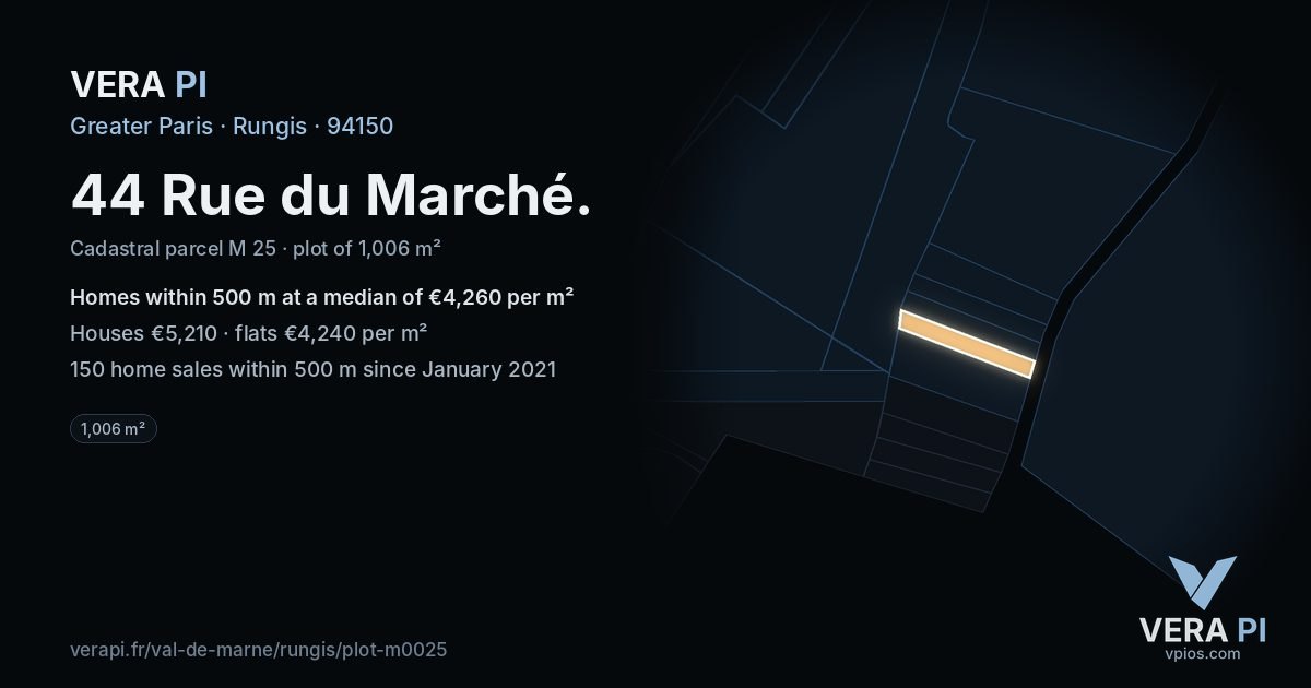44 Rue du Marché, Rungis at night – the plot lit, the parcels around coloured by the prices near them