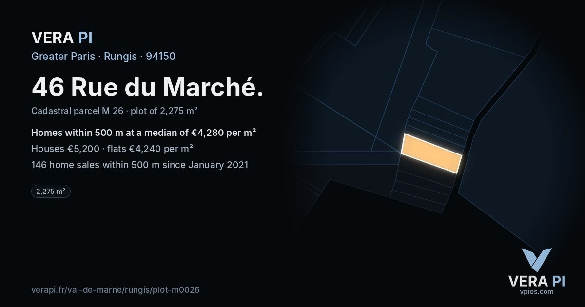 46 Rue du Marché, Rungis at night – the plot lit, the parcels around coloured by the prices near them