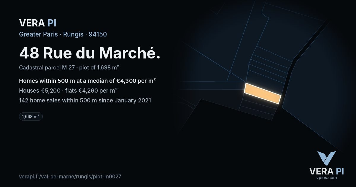 48 Rue du Marché, Rungis at night – the plot lit, the parcels around coloured by the prices near them