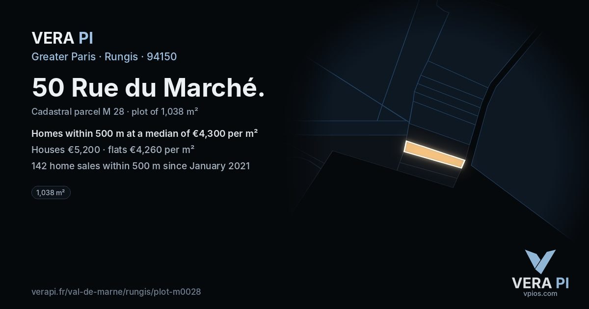 50 Rue du Marché, Rungis at night – the plot lit, the parcels around coloured by the prices near them