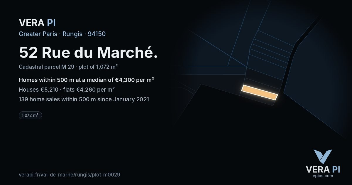 52 Rue du Marché, Rungis at night – the plot lit, the parcels around coloured by the prices near them