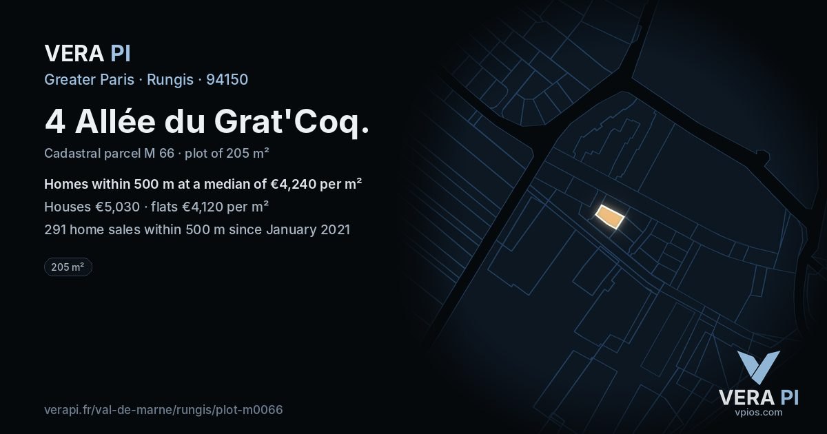 4 Allée du Grat'Coq, Rungis at night – the plot lit, the parcels around coloured by the prices near them