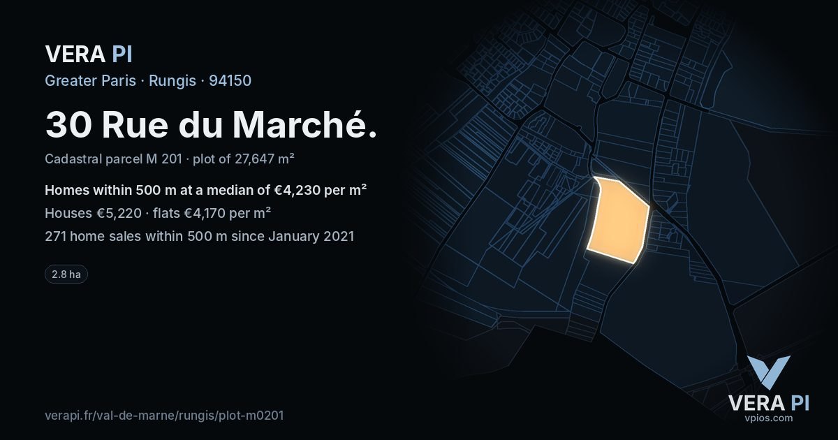 30 Rue du Marché, Rungis at night – the plot lit, the parcels around coloured by the prices near them