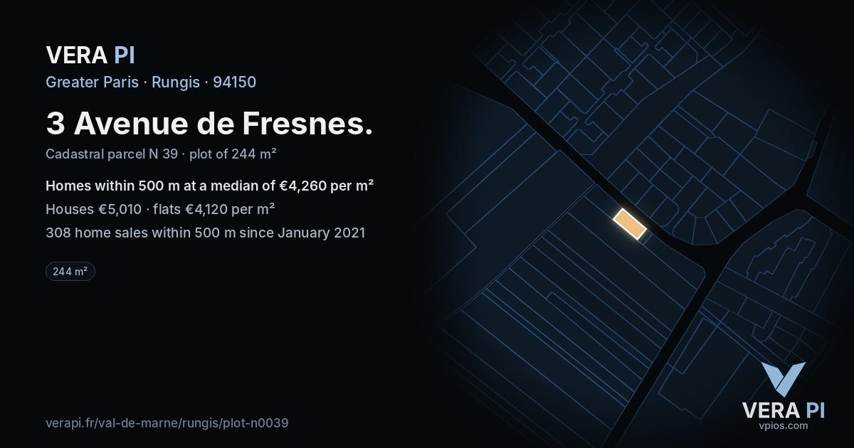 3 Avenue de Fresnes, Rungis at night – the plot lit, the parcels around coloured by the prices near them
