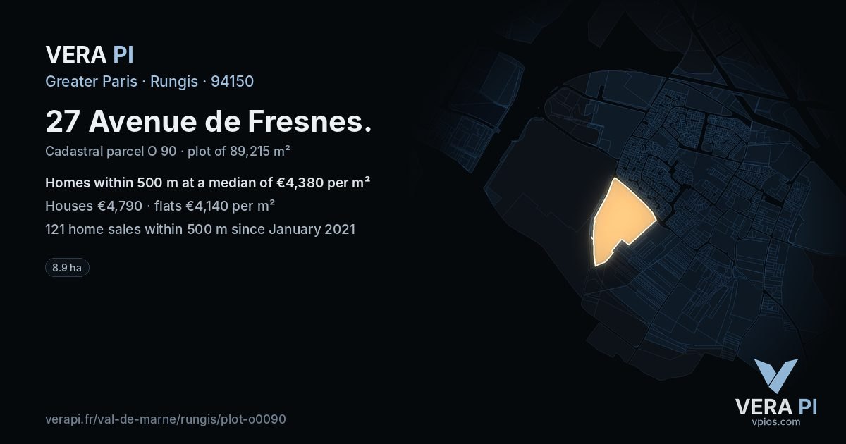 27 Avenue de Fresnes, Rungis at night – the plot lit, the parcels around coloured by the prices near them