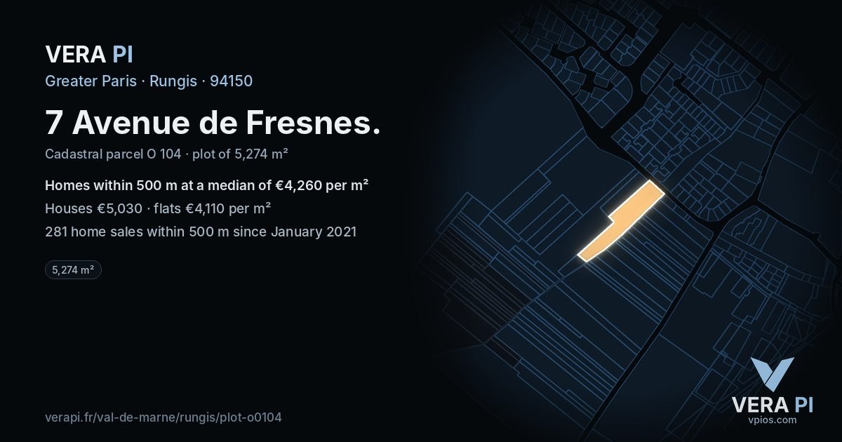 7 Avenue de Fresnes, Rungis at night – the plot lit, the parcels around coloured by the prices near them