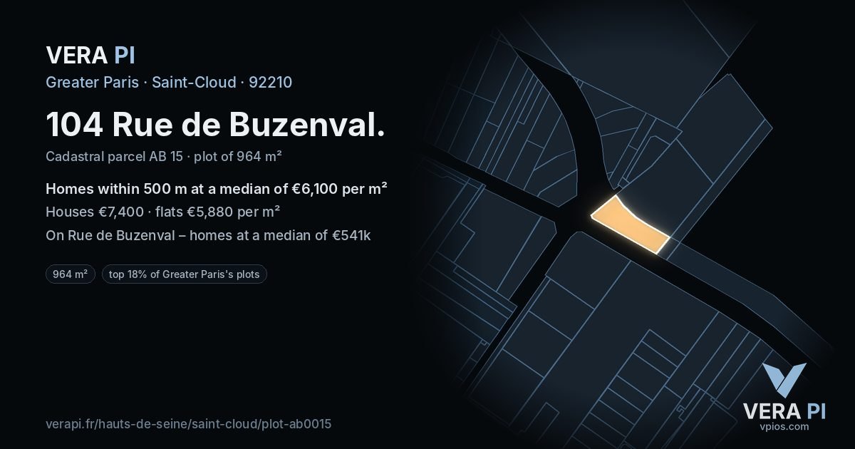 104 Rue de Buzenval, Saint-Cloud at night – the plot lit, the parcels around coloured by the prices near them