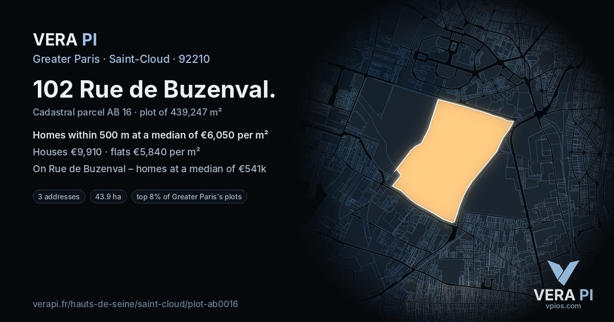 102 Rue de Buzenval, Saint-Cloud at night – the plot lit, the parcels around coloured by the prices near them