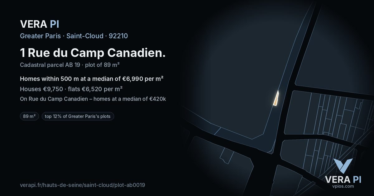 1 Rue du Camp Canadien, Saint-Cloud at night – the plot lit, the parcels around coloured by the prices near them