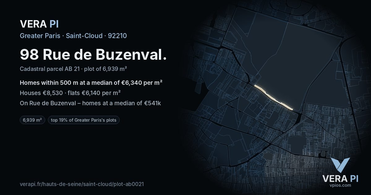 98 Rue de Buzenval, Saint-Cloud at night – the plot lit, the parcels around coloured by the prices near them