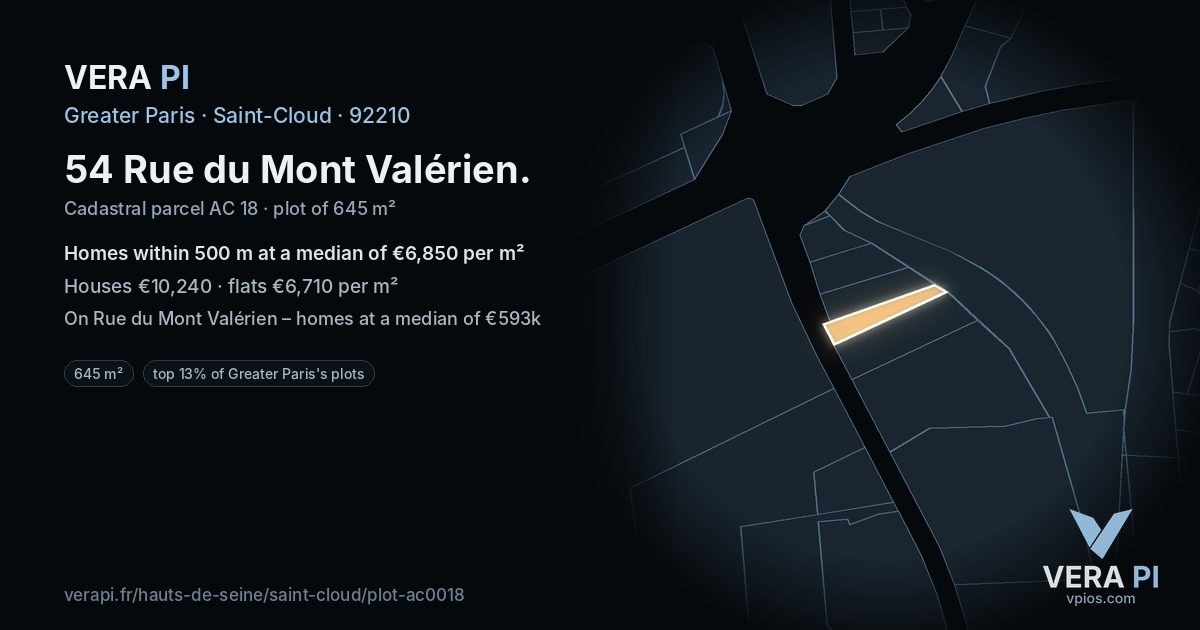 54 Rue du Mont Valérien, Saint-Cloud at night – the plot lit, the parcels around coloured by the prices near them