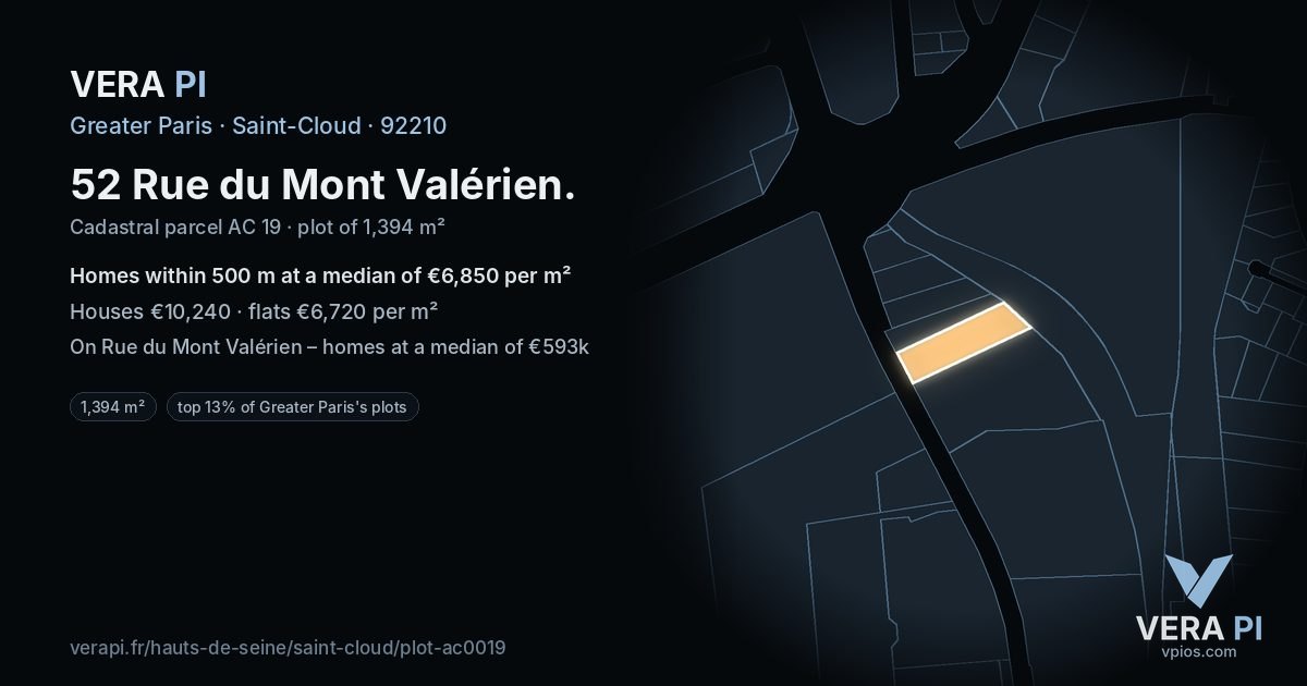 52 Rue du Mont Valérien, Saint-Cloud at night – the plot lit, the parcels around coloured by the prices near them