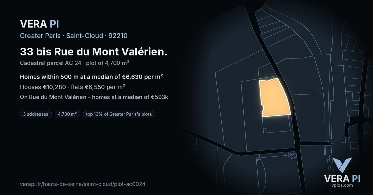 33 bis Rue du Mont Valérien, Saint-Cloud at night – the plot lit, the parcels around coloured by the prices near them
