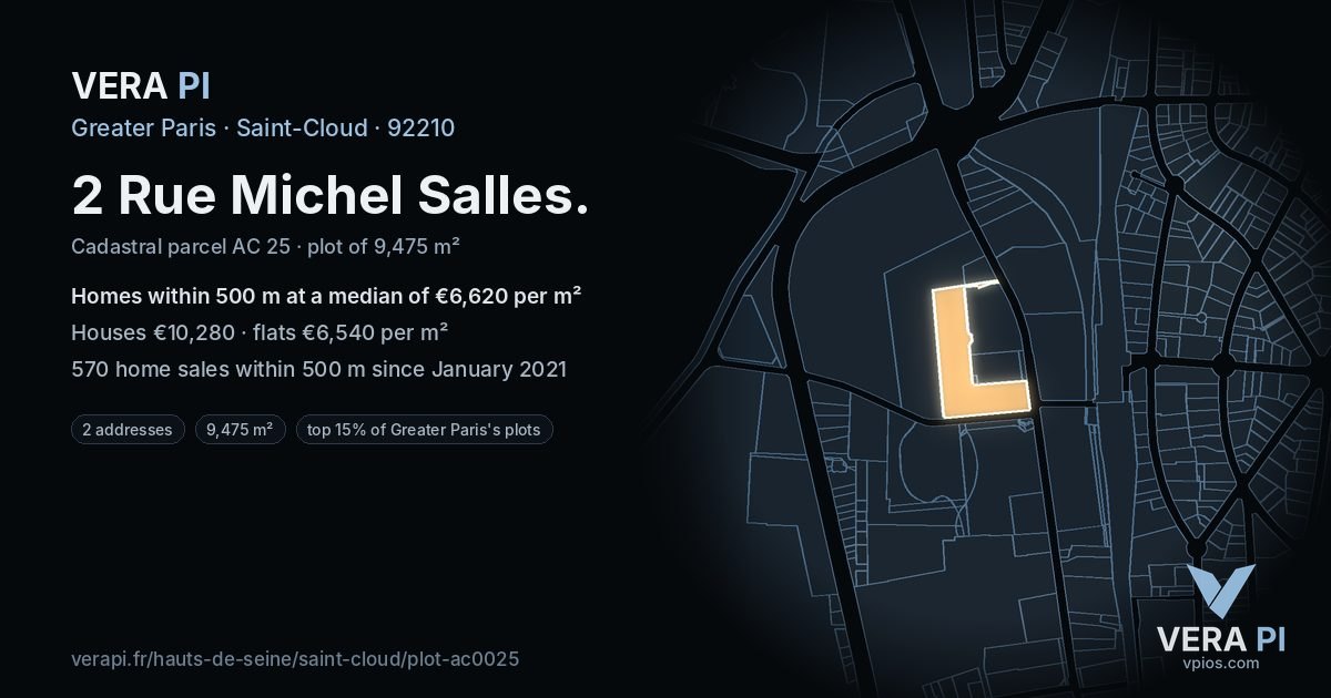 2 Rue Michel Salles, Saint-Cloud at night – the plot lit, the parcels around coloured by the prices near them