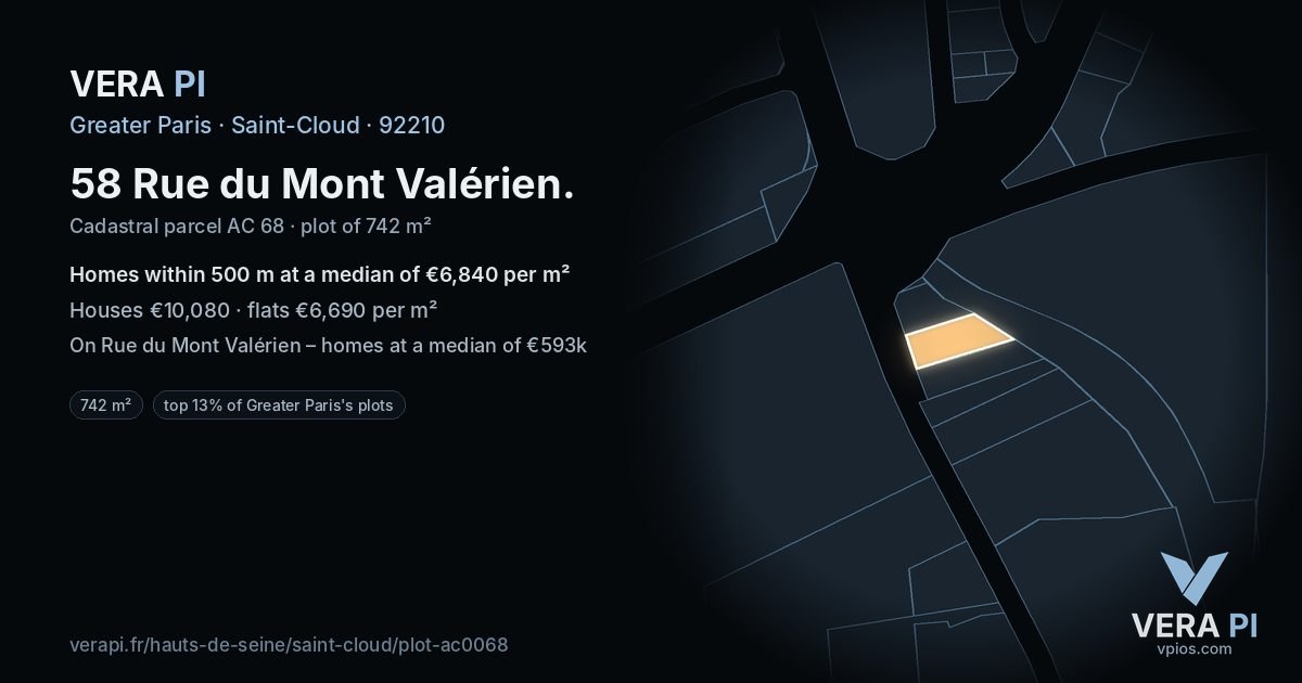 58 Rue du Mont Valérien, Saint-Cloud at night – the plot lit, the parcels around coloured by the prices near them