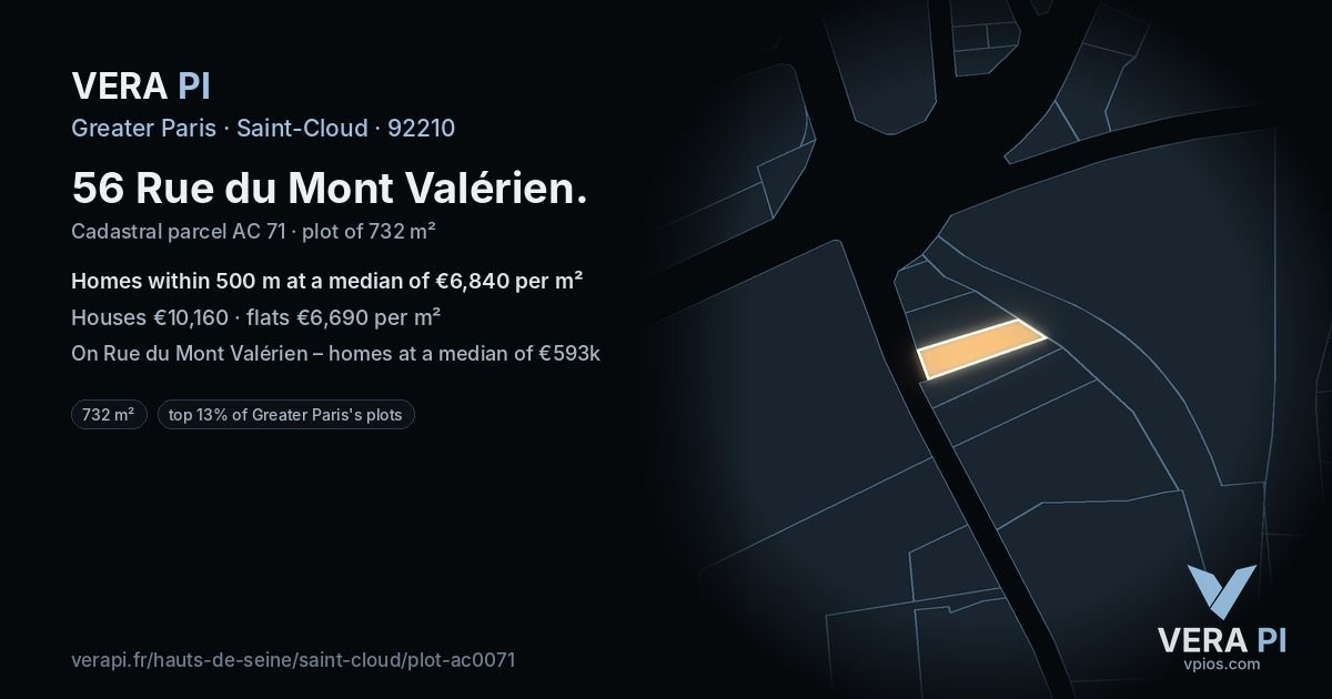 56 Rue du Mont Valérien, Saint-Cloud at night – the plot lit, the parcels around coloured by the prices near them