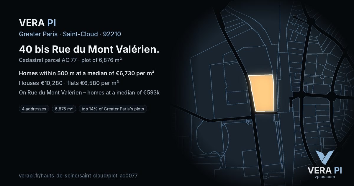 40 bis Rue du Mont Valérien, Saint-Cloud at night – the plot lit, the parcels around coloured by the prices near them