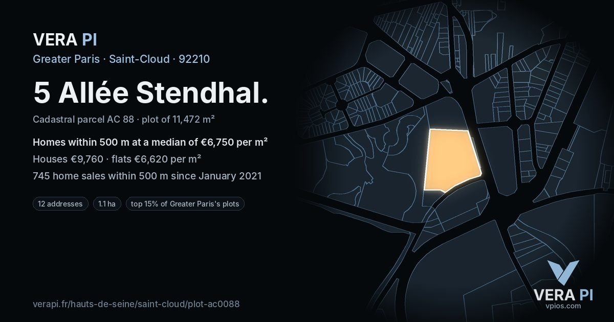 5 Allée Stendhal, Saint-Cloud at night – the plot lit, the parcels around coloured by the prices near them