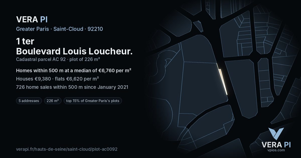 1 ter Boulevard Louis Loucheur, Saint-Cloud at night – the plot lit, the parcels around coloured by the prices near them