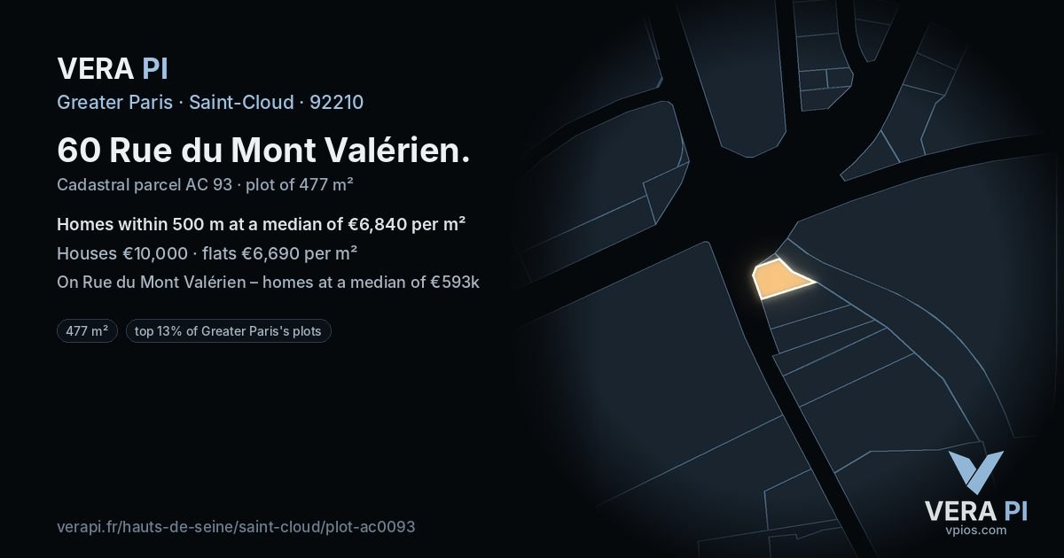 60 Rue du Mont Valérien, Saint-Cloud at night – the plot lit, the parcels around coloured by the prices near them