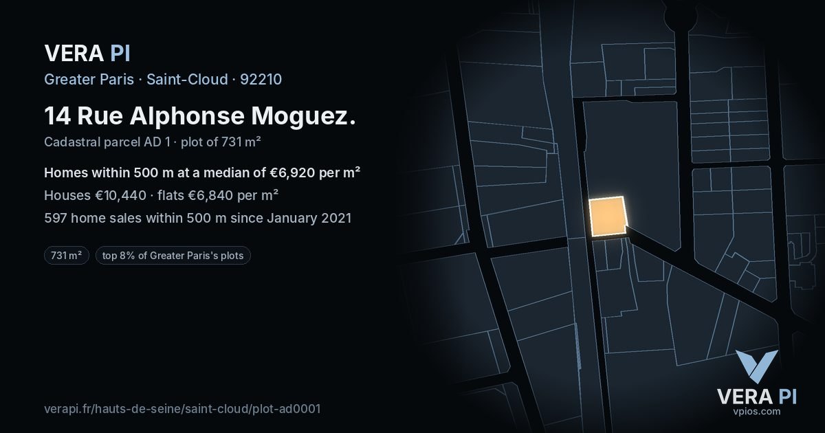 14 Rue Alphonse Moguez, Saint-Cloud at night – the plot lit, the parcels around coloured by the prices near them