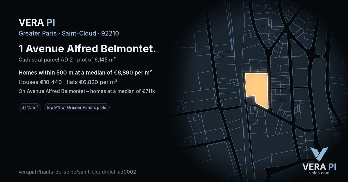 1 Avenue Alfred Belmontet, Saint-Cloud at night – the plot lit, the parcels around coloured by the prices near them