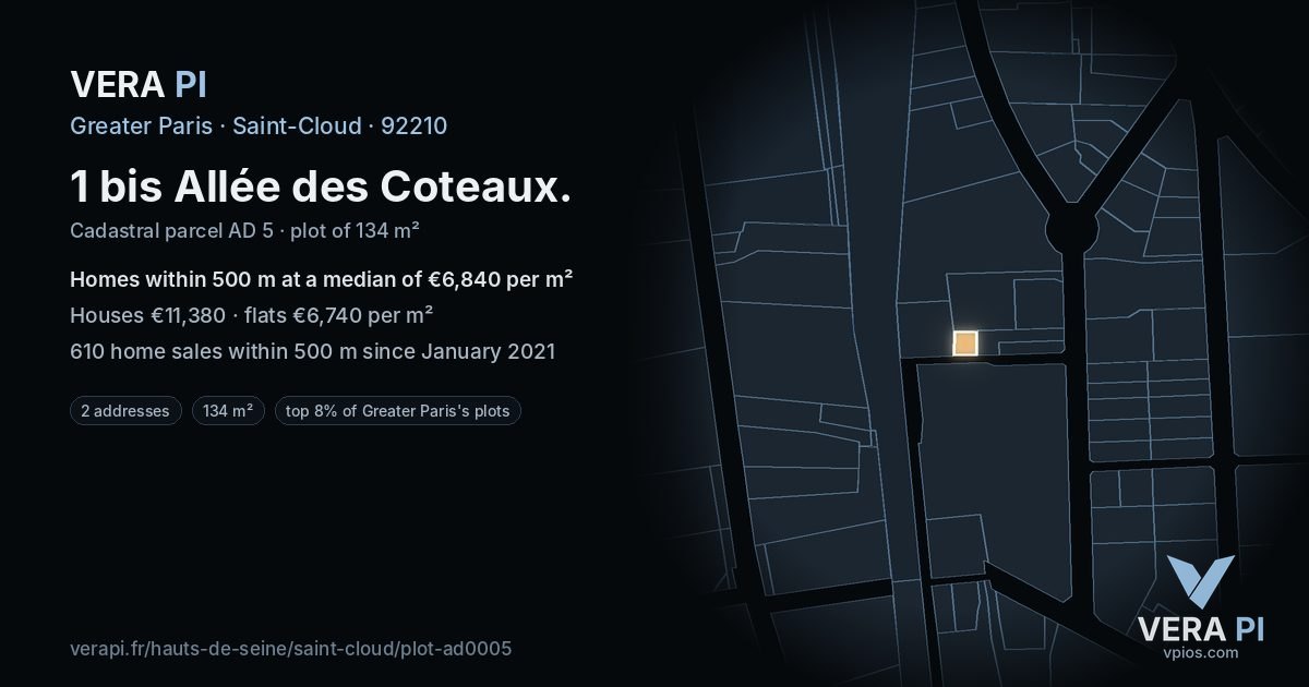 1 bis Allée des Coteaux, Saint-Cloud at night – the plot lit, the parcels around coloured by the prices near them