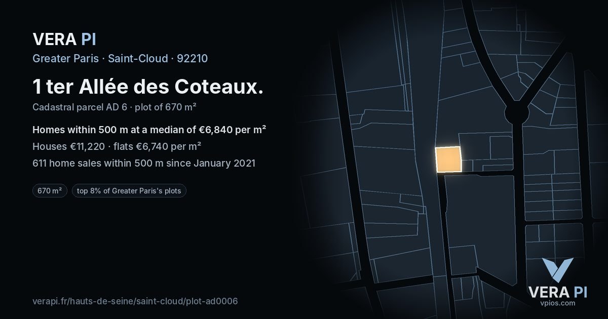 1 ter Allée des Coteaux, Saint-Cloud at night – the plot lit, the parcels around coloured by the prices near them