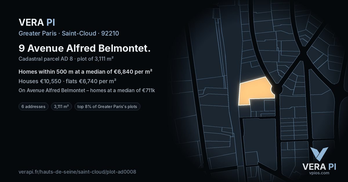 9 Avenue Alfred Belmontet, Saint-Cloud at night – the plot lit, the parcels around coloured by the prices near them