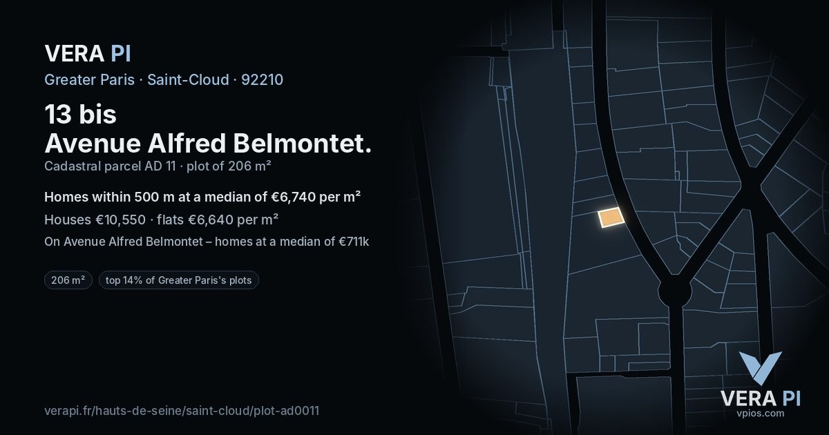13 bis Avenue Alfred Belmontet, Saint-Cloud at night – the plot lit, the parcels around coloured by the prices near them