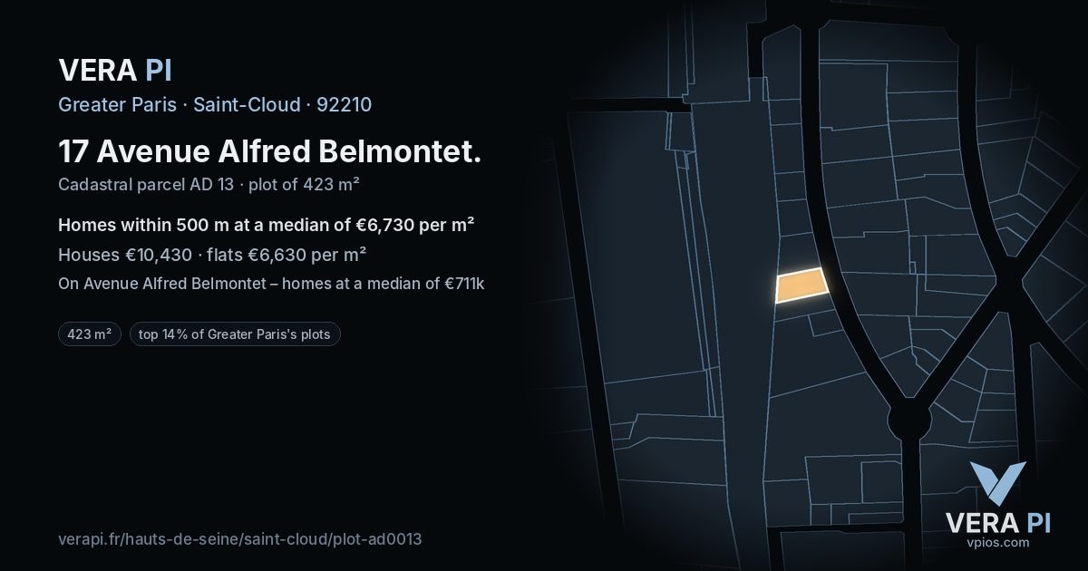 17 Avenue Alfred Belmontet, Saint-Cloud at night – the plot lit, the parcels around coloured by the prices near them
