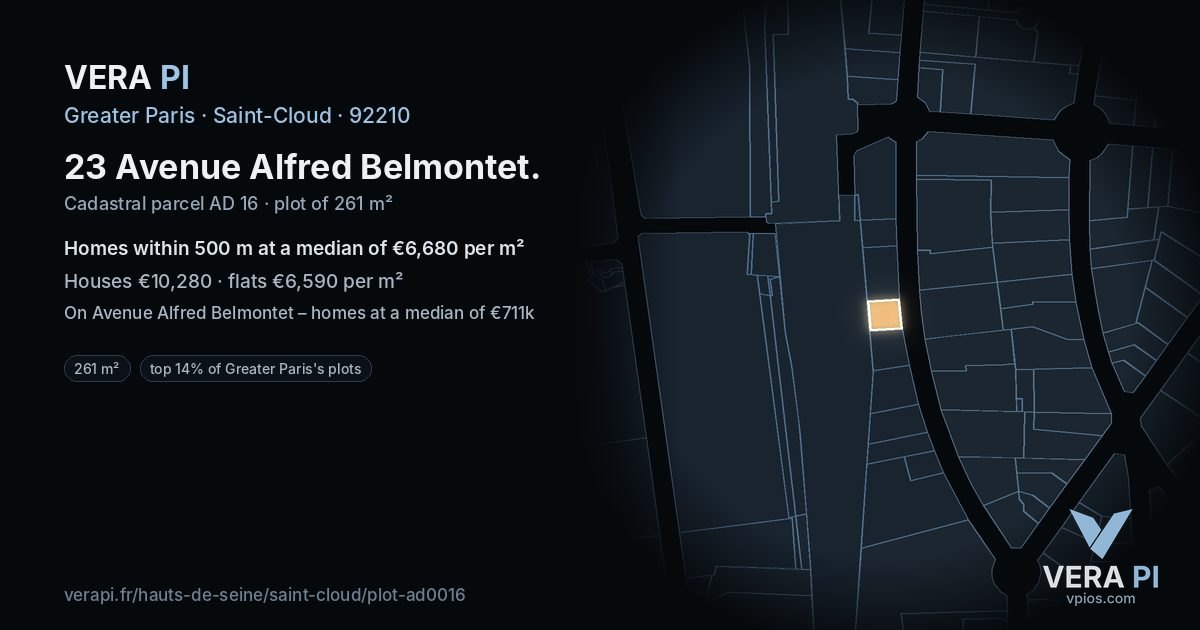 23 Avenue Alfred Belmontet, Saint-Cloud at night – the plot lit, the parcels around coloured by the prices near them