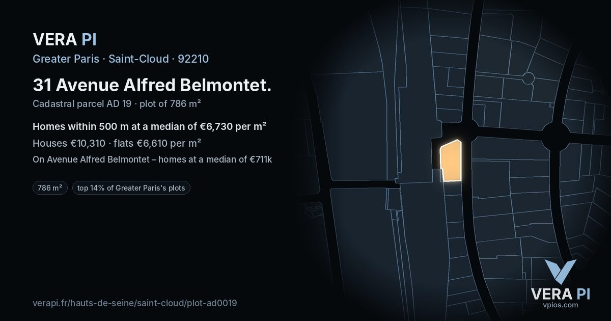 31 Avenue Alfred Belmontet, Saint-Cloud at night – the plot lit, the parcels around coloured by the prices near them