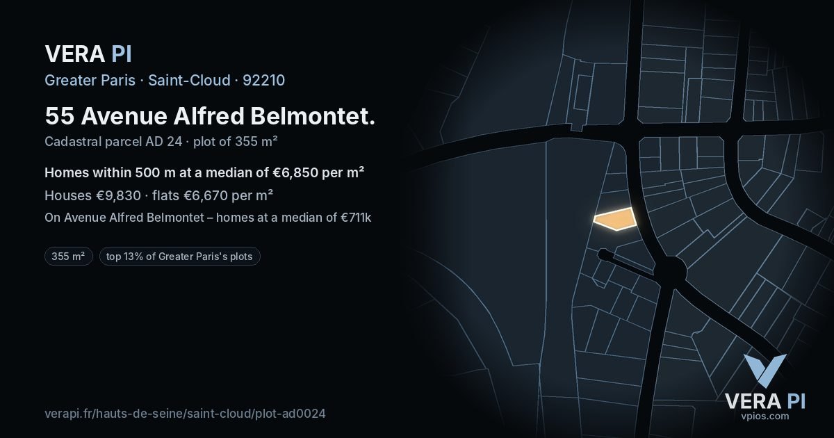 55 Avenue Alfred Belmontet, Saint-Cloud at night – the plot lit, the parcels around coloured by the prices near them