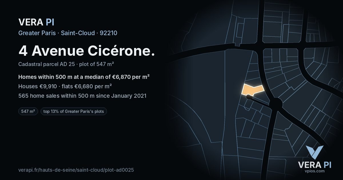 4 Avenue Cicérone, Saint-Cloud at night – the plot lit, the parcels around coloured by the prices near them