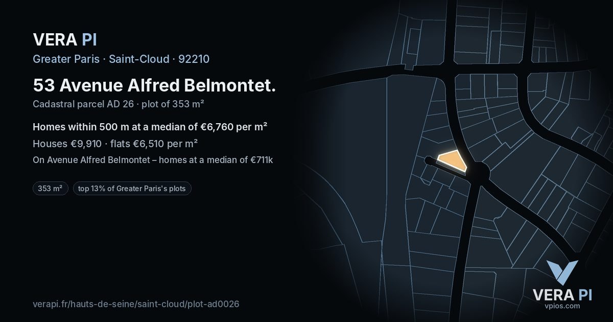 53 Avenue Alfred Belmontet, Saint-Cloud at night – the plot lit, the parcels around coloured by the prices near them