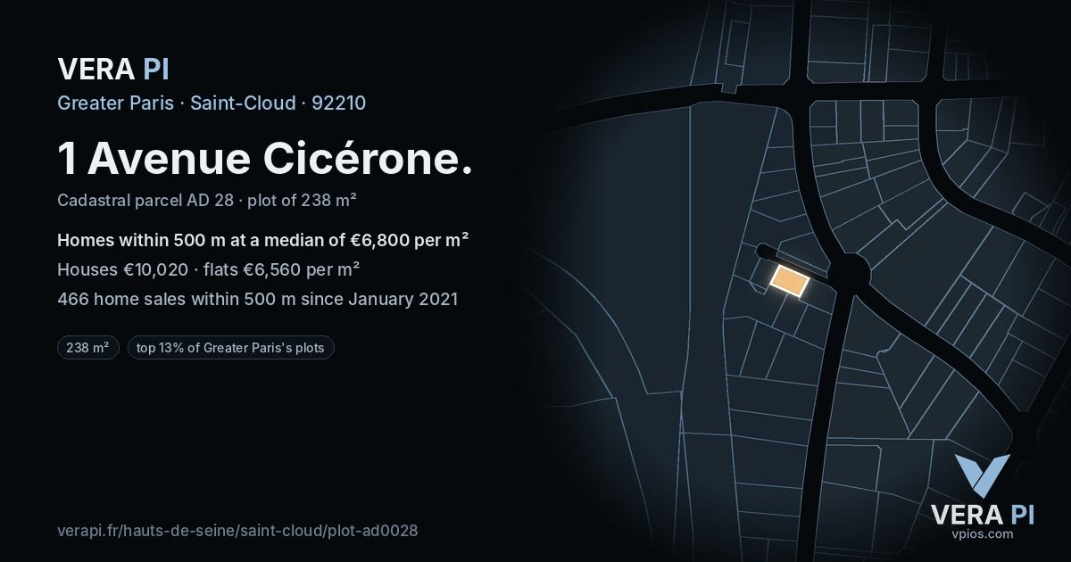 1 Avenue Cicérone, Saint-Cloud at night – the plot lit, the parcels around coloured by the prices near them