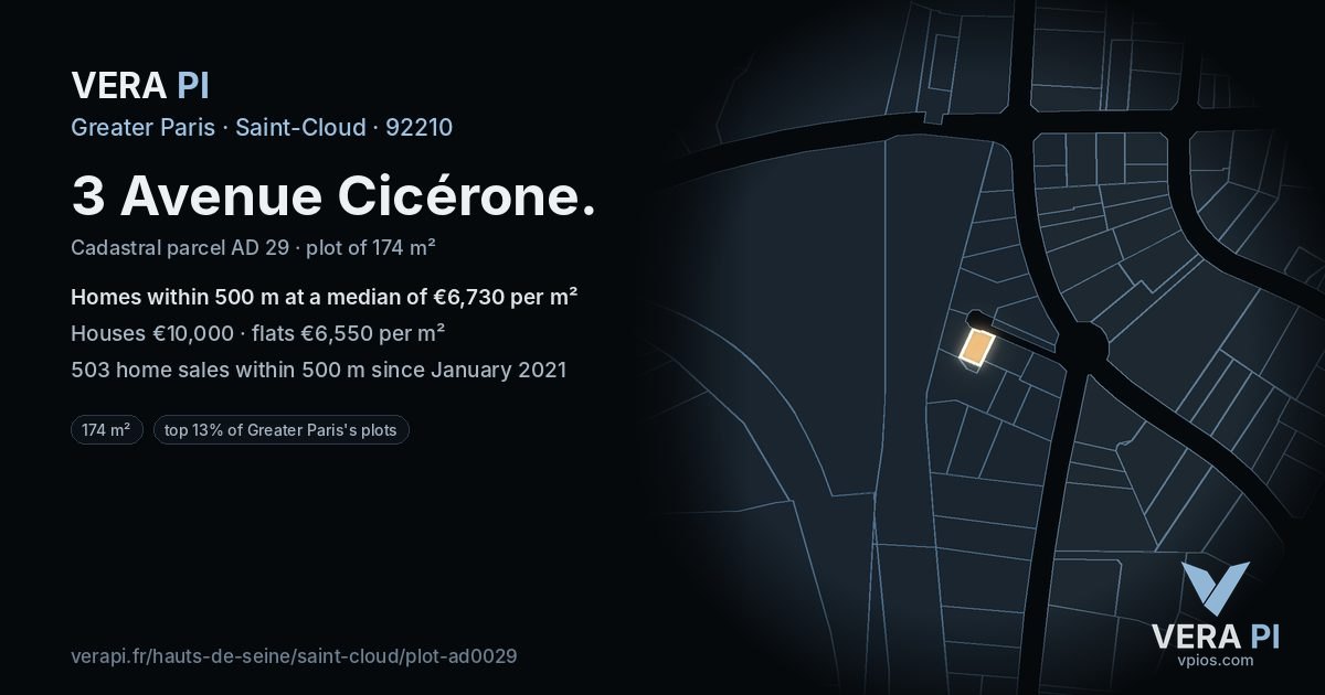 3 Avenue Cicérone, Saint-Cloud at night – the plot lit, the parcels around coloured by the prices near them