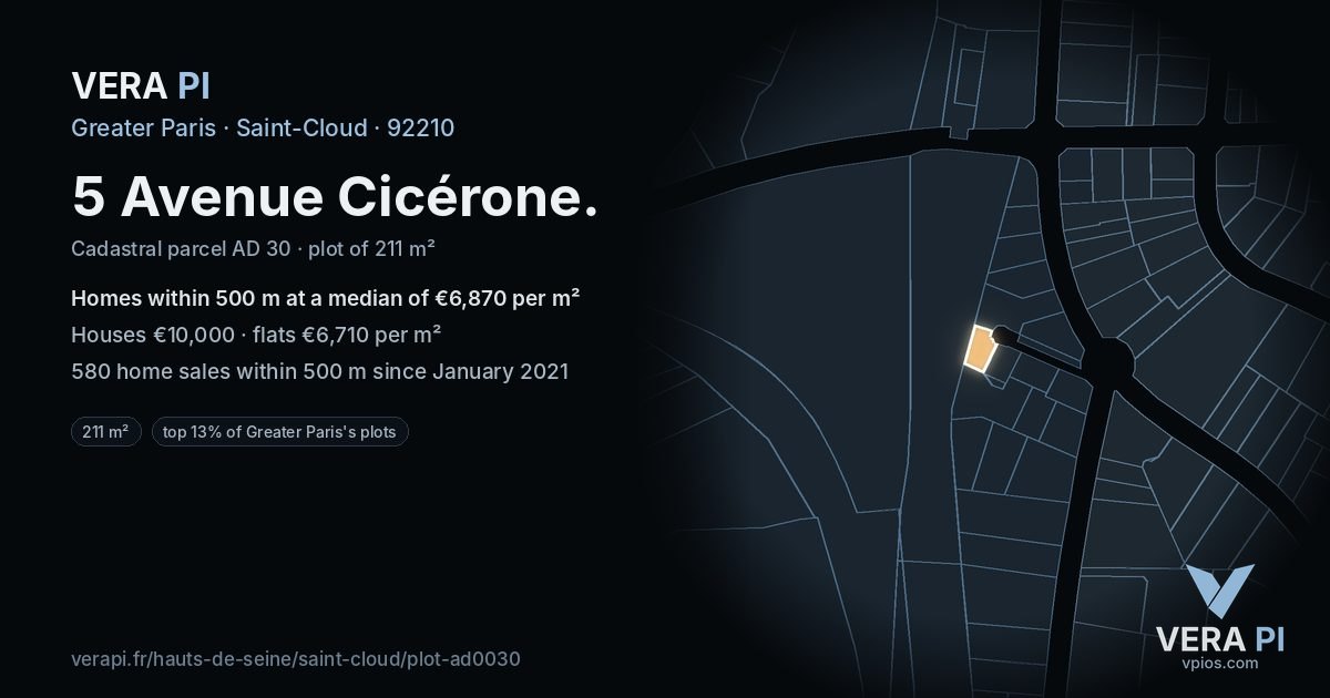 5 Avenue Cicérone, Saint-Cloud at night – the plot lit, the parcels around coloured by the prices near them