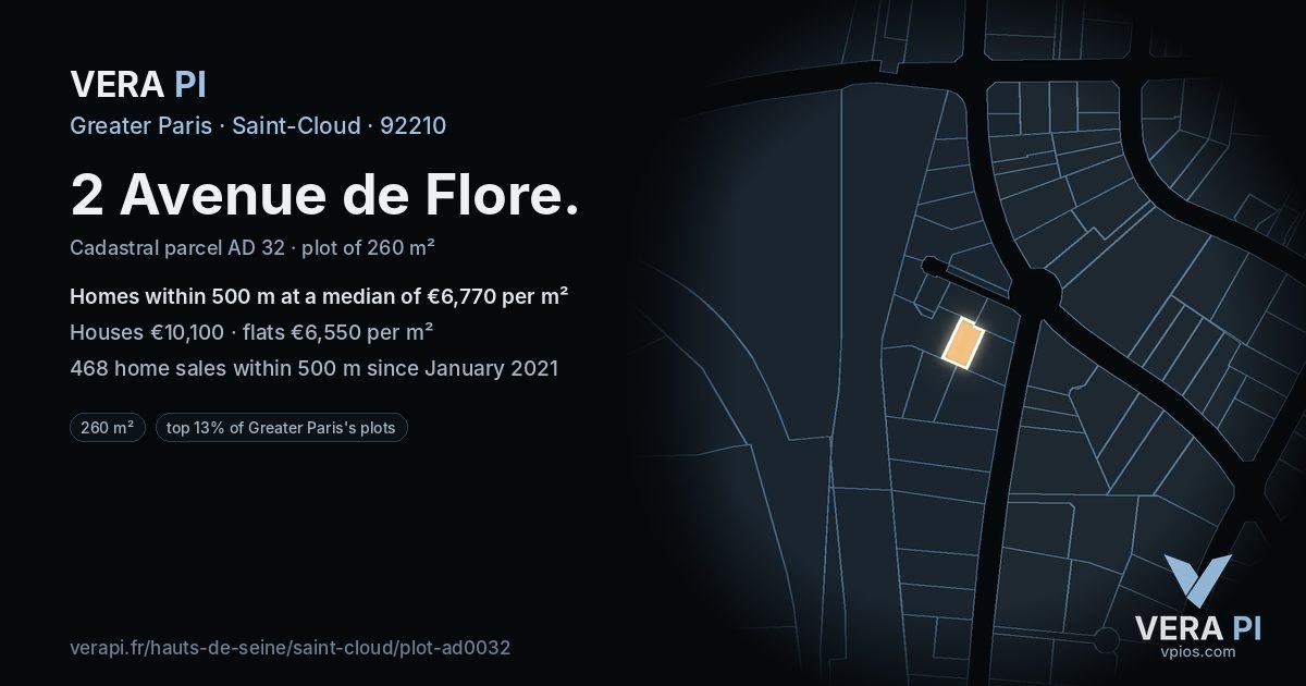 2 Avenue de Flore, Saint-Cloud at night – the plot lit, the parcels around coloured by the prices near them