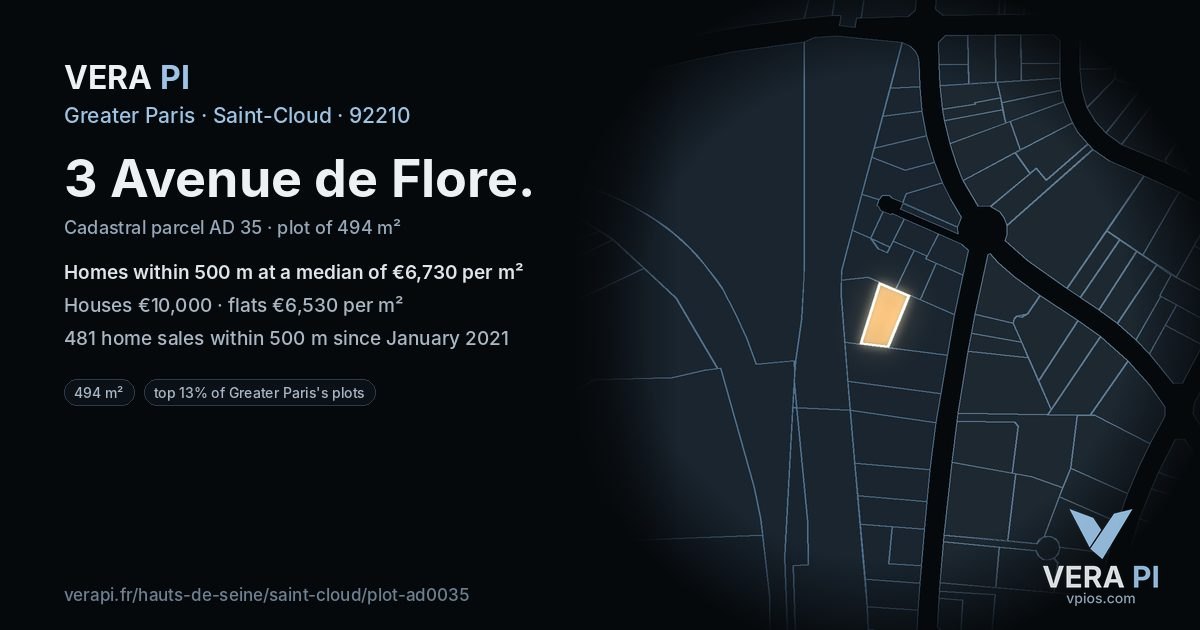 3 Avenue de Flore, Saint-Cloud at night – the plot lit, the parcels around coloured by the prices near them