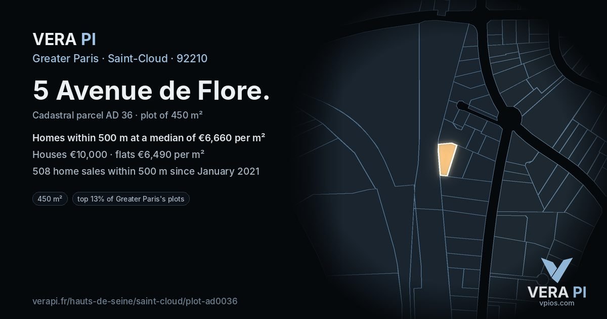 5 Avenue de Flore, Saint-Cloud at night – the plot lit, the parcels around coloured by the prices near them